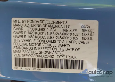 2024 Honda Ridgeline Trailsport from USA, damaged, VIN 5FPYK3F60RB026792
